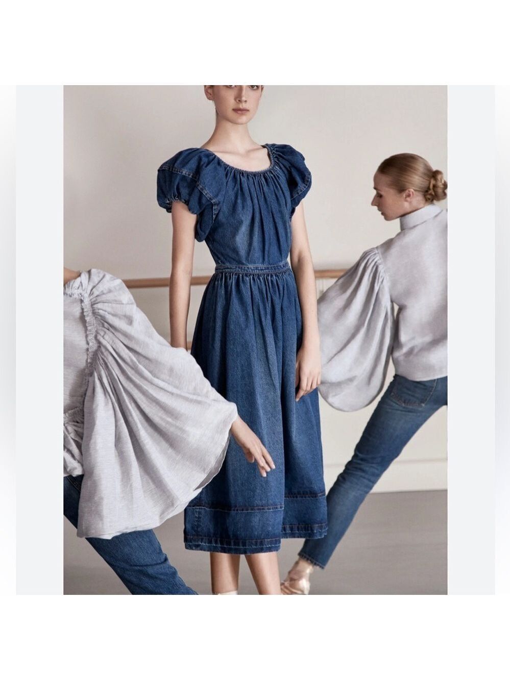 CO Denim Puff Sleeve Midi Dress XS